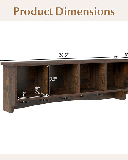 Giantex Wall Mounted Coat Rack 28.5'' Wooden Floating Shelf with 4 Cubbies & 5 Double Hooks