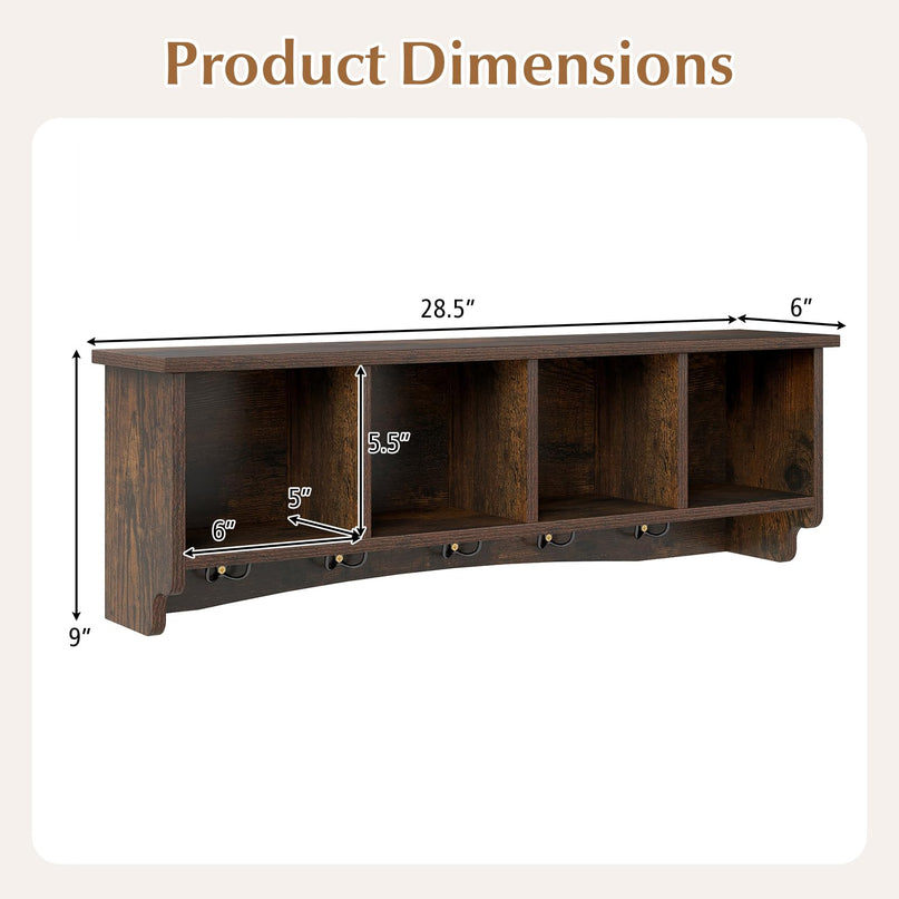 Giantex Wall Mounted Coat Rack 28.5'' Wooden Floating Shelf with 4 Cubbies & 5 Double Hooks