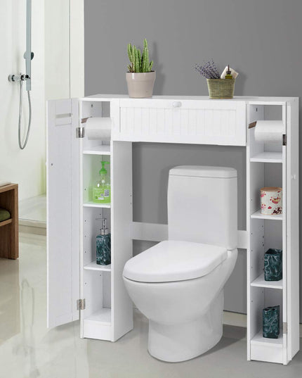 Over-The-Toilet Rack Bathroom Shelf Storage Cabinet Wooden Drop Door Freestanding Spacesaver Improvements, White