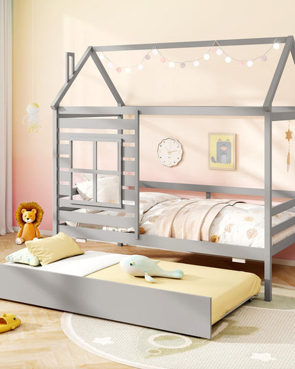 Giantex Twin House Bed with Trundle Bed Twin, Wooden Twin Bed Frames with Roof, Chimney & Window