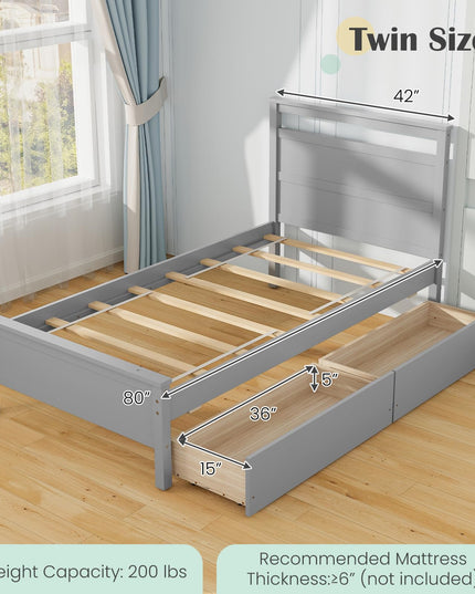 Giantex Wood Twin Bed with 2 Storage Drawers, Solid Wood Platform Bed with Headboard