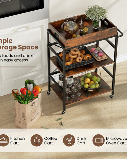 Giantex Rolling Bar Cart, 3-Tier Serving Cart with Removable Tray, 4 Lockable Universal Casters