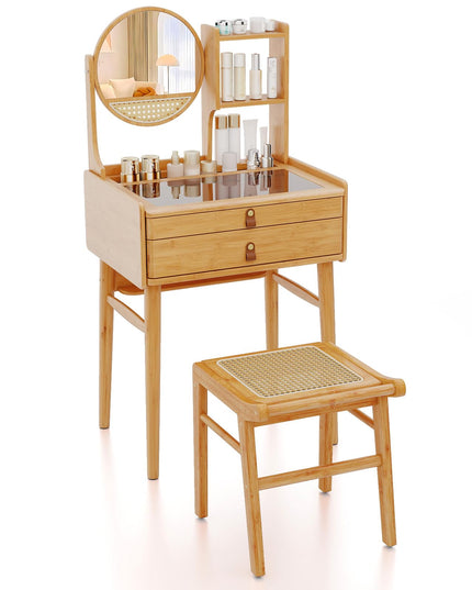 Small Bamboo Vanity Desk with Mirror and Stool for Bedroom Small Spaces