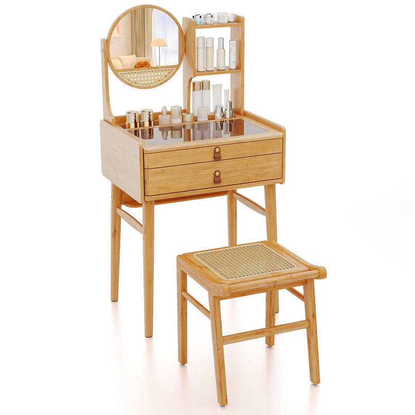 Small Bamboo Vanity Desk with Mirror and Stool for Bedroom Small Spaces