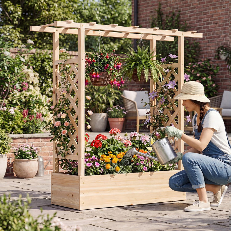 Giantex 45" Wooden Raised Garden Bed with Trellis & Hanging Roof
