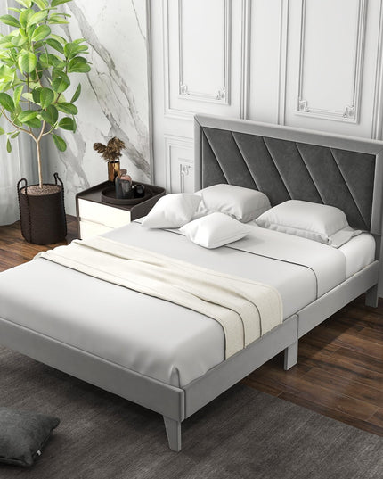 Giantex Full Size Velvet Bed Frame with Headboard, Modern Upholstered Platform Bed, No Box Spring Needed, Black & Gray