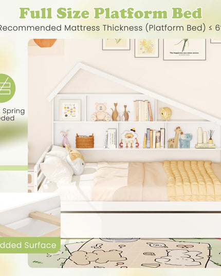 Giantex Full House Bed with Twin Trundle, Wood Daybed with 5 Cube Storage Bookcase & Headboard