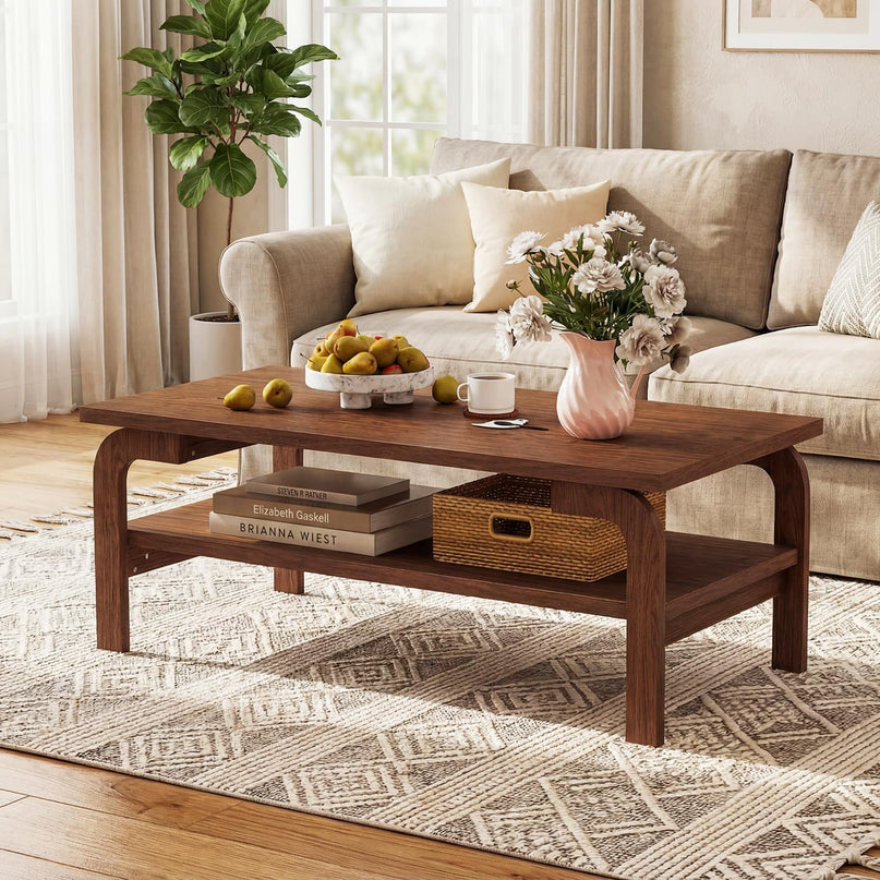 Table basse moderne du milieu du siècle Giantex de 119 cm à 2 niveaux rectangulaire avec étagère de rangement