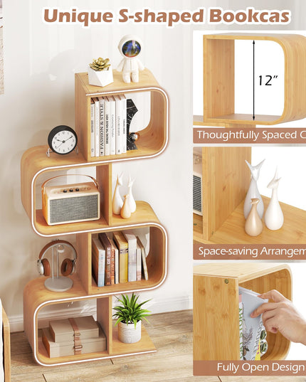 Giantex 4-Tier S-Shaped Bamboo Bookshelf with 4 Open Cubes