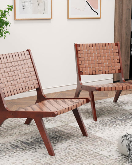 Giantex Woven Leather Accent Chair, Mid Century Modern Lounge Chair with Wood Frame, Max Load 300 Lbs, Brown