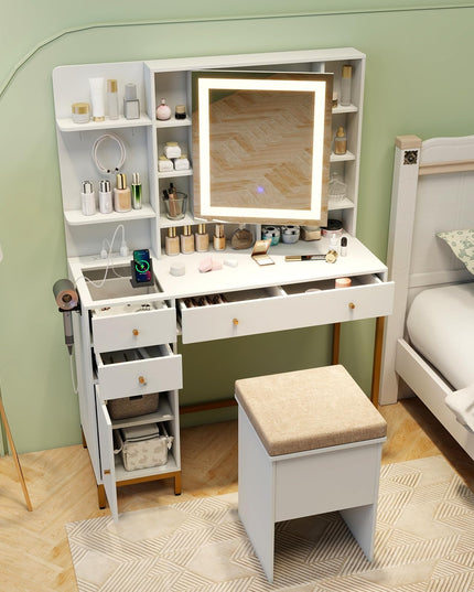 CHARMAID Vanity Desk with Mirror and Lights, White Makeup Vanity Table with Transparent Glass Tabletop
