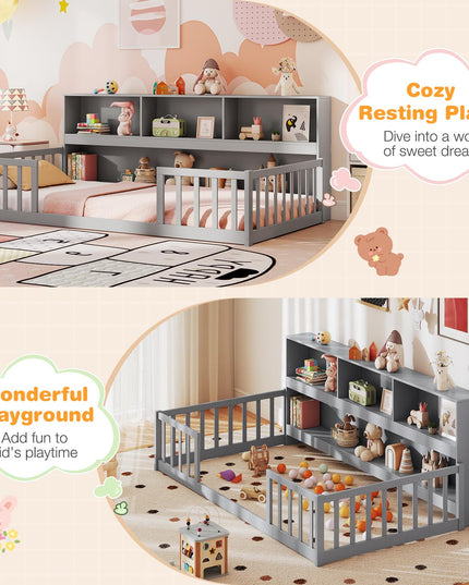 Giantex Twin Floor Bed with Bookcase for Kids
