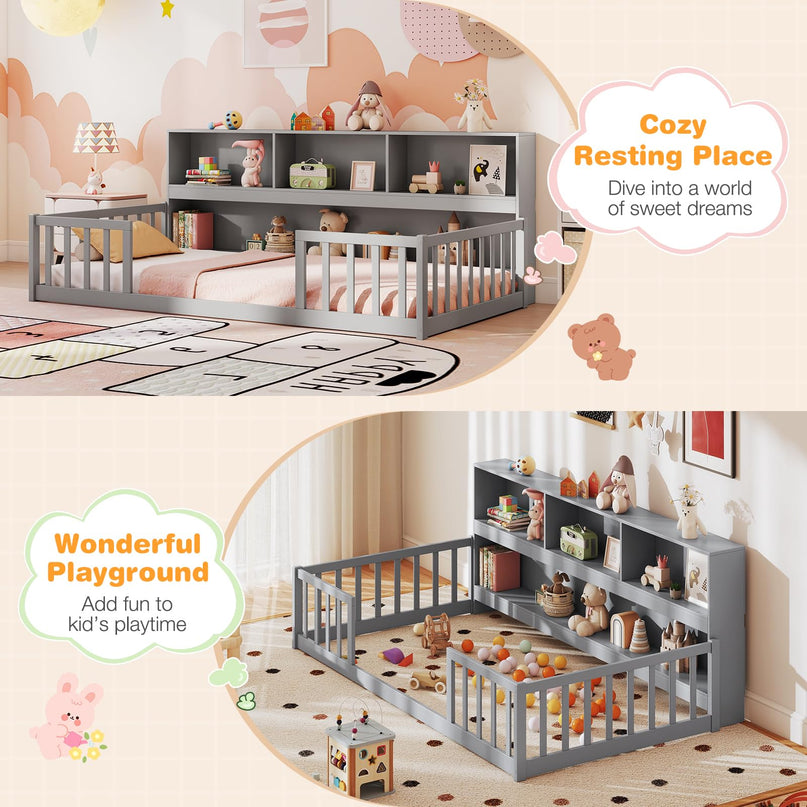 Giantex Twin Floor Bed with Bookcase for Kids