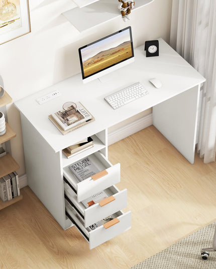 Giantex White Desk with Drawers, Modern Home Office Desk Writing Study Desk with Charging Station