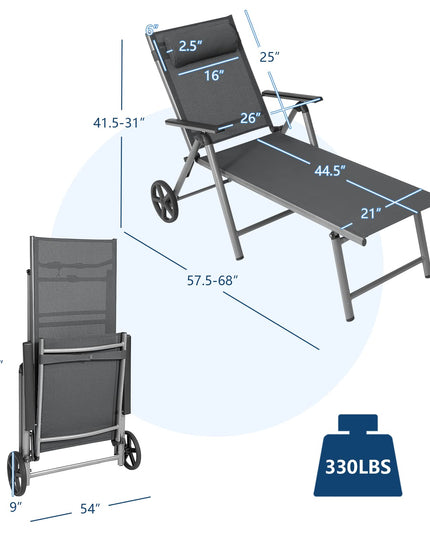 Giantex Chaise Lounge Outdoor Chair- Patio Folding Lounge Chair with Wheels, 7 Adjustable Level