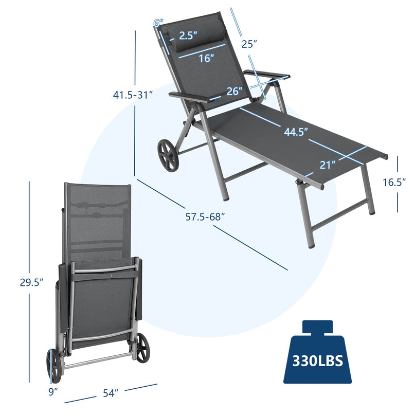 Giantex Chaise Lounge Outdoor Chair- Patio Folding Lounge Chair with Wheels, 7 Adjustable Level