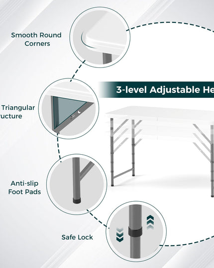 Giantex 48” x 24” Folding Table, HDPE Portable Fold-in-Half Table with 20”-29” Adjustable Heights