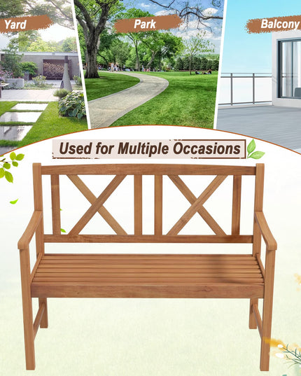 Giantex Outside Garden Bench Loveseat - 2-Person Acacia Wood Bench with Armrest