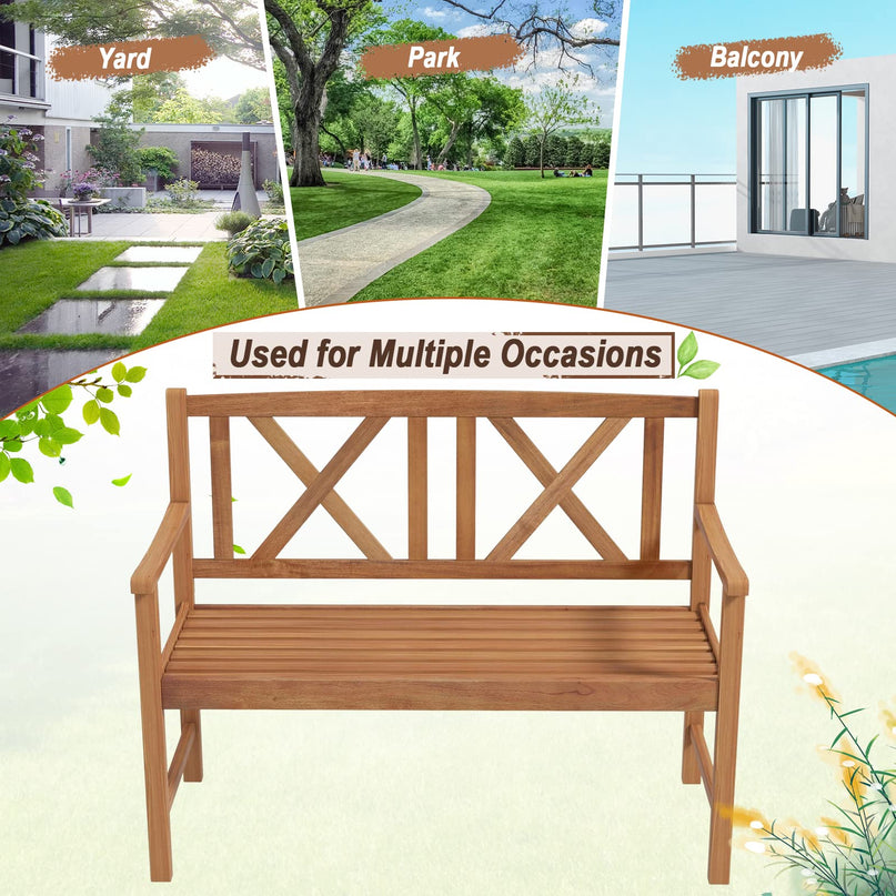Giantex Outside Garden Bench Loveseat - 2-Person Acacia Wood Bench with Armrest