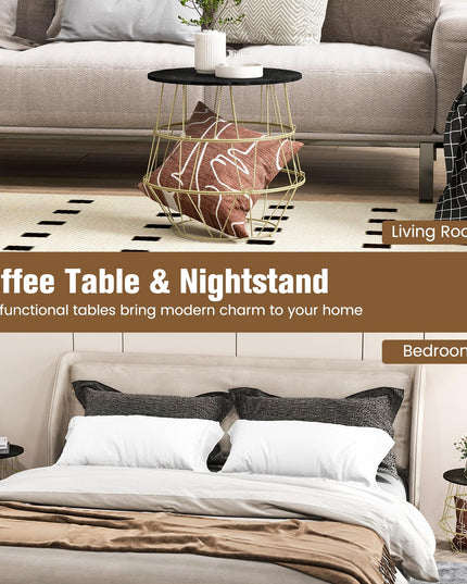 Giantex Round Coffee Table, Faux Marble Side End Table with Gold Metal Frame & Removeable Top