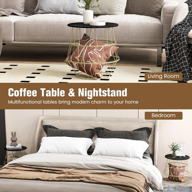 Giantex Round Coffee Table, Faux Marble Side End Table with Gold Metal Frame & Removeable Top