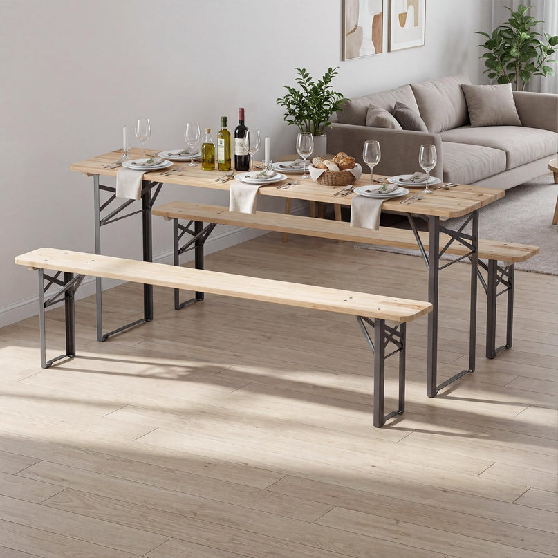 Table de pique-nique pliante 3 pièces Giantex en bois massif avec bancs pour 4 (178 cm)