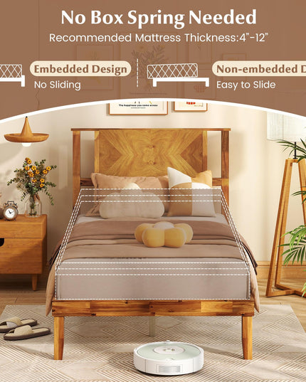 Lit plateforme Giantex Mid-Century Modern en bois d'acacia avec tête de lit et support à lattes en bois