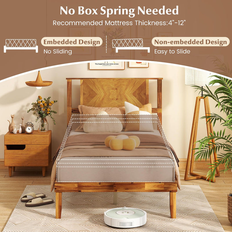 Giantex Mid-Century Modern Acacia Wood Platform Bed with Headboard & Wooden Slats Support