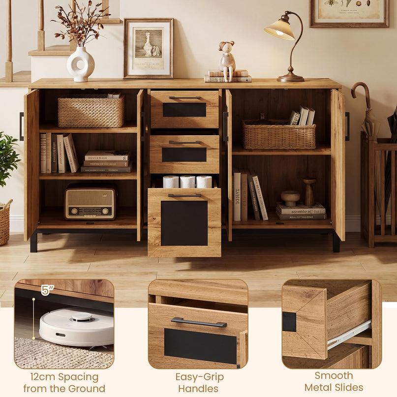 Giantex Buffet de style rustique de 160 cm avec 3 tiroirs et étagères de rangement