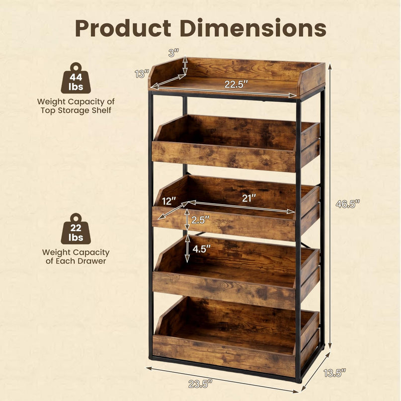 Giantex 5-Tier Food Storage Basket with 4 Pull-out Drawers & X-Shaped Metal Frame