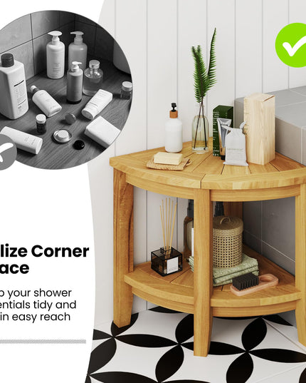 Giantex Corner Shower Stool - Teak Wood Shower Bench Seat with Storage Shelf for Shaving Legs