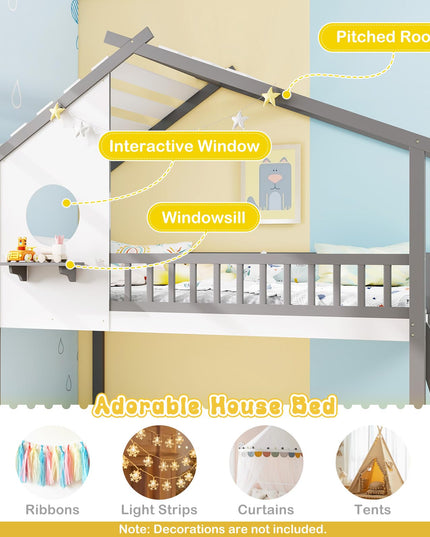 Giantex Solid Wood Floor Bunk Bed with Ladder and Full-Length Guardrails