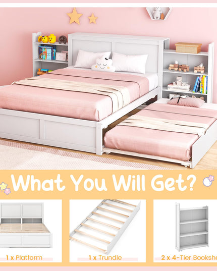 Giantex Full Bed Frame with Twin Trundle, Wooden Bed Wooden Bed Frame with 2 Rolling Bookcases & High Headboard