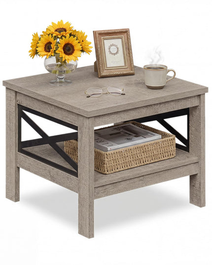 Table d'appoint carrée Giantex à 2 niveaux avec étagère de rangement et cadre en X pour chambre à coucher et salon
