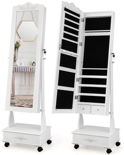 CHARMAID 6 LEDs Rolling Jewelry Cabinet with High Full Length Mirror, Lockable Standing Jewelry Armoire with Wheels