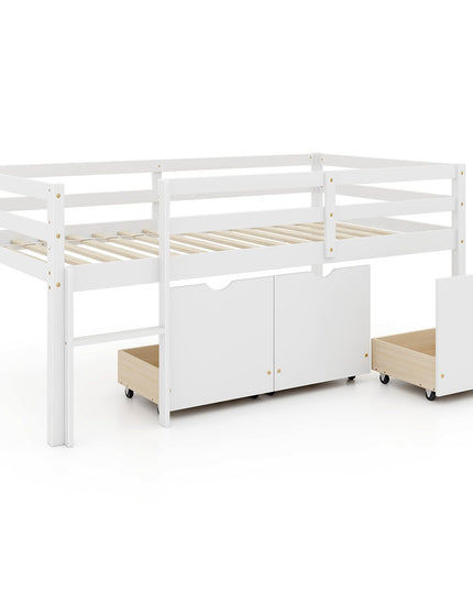 Giantex Twin Low Loft Bed with 3 Drawers, Wooden Loft Bed Frame with Ladder & Full-length Guardrails