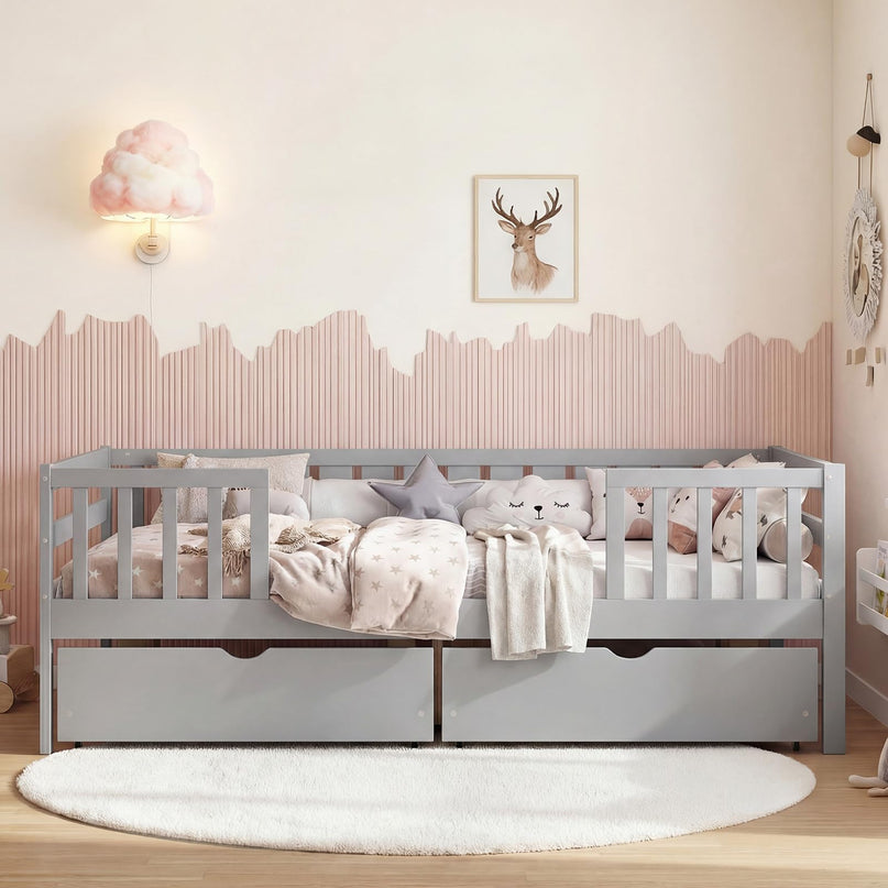 Lit simple pour enfants Giantex avec barrières de sécurité et étagère latérale