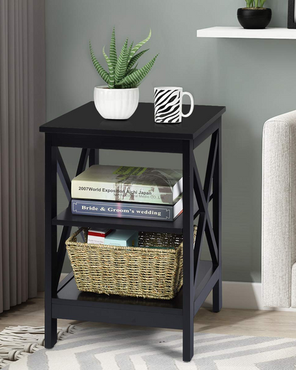 Nightstand 3-Tier X-Design W/Storage Shelves and Stable Structure Storage Organizer Display Sofa Side Table