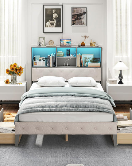 Giantex Gray Full Size Bed Frame with Upholstered Bookcase Headboard