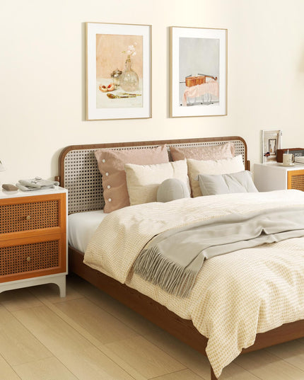 Giantex Rattan Nightstand with Drawers, Natural Rattan End Table, Cane Accent Bedside Table with Solid Wood Legs for Bedroom
