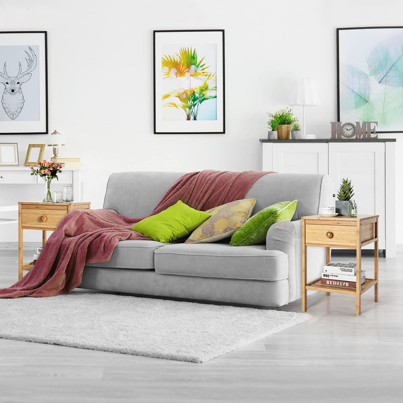 Giantex Nightstand Bamboo Bedside Table with Drawer, Open Shelf, Multifunctional Side Table