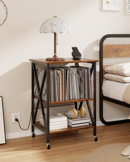 Giantex Record Player Stand with Charging Station, Turntable Stand with Record Storage & 4 Rolling Wheels