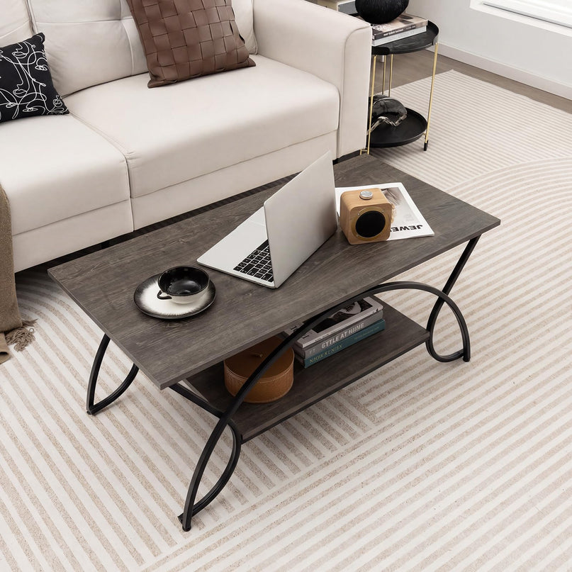 Giantex Table Basse en Bois de 39,5" avec Étagère de Rangement Ouverte et Cadre en Métal Finition Noire