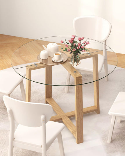 Giantex 42” Round Dining Table for 4, Kitchen Table with 0.3” Tempered Glass Tabletop, Rubber Wood Legs