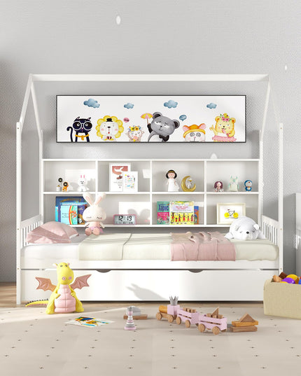 Giantex Twin House Bed with Trundle, Solid Wood Bed Frame with Roof & 8 Cube Bookcase