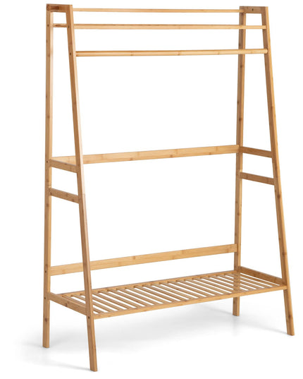 Giantex 3 Tier Bamboo Clothing Rack with Shelves, Heavy Duty Freestanding Clothes Organizer Rack with Coat Hooks