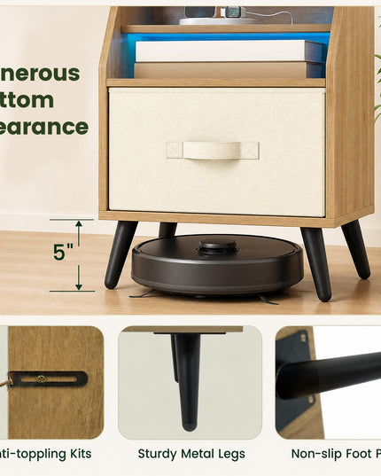 GIANTEX Modern LED Nightstand w/Charging Station & Fabric Drawer