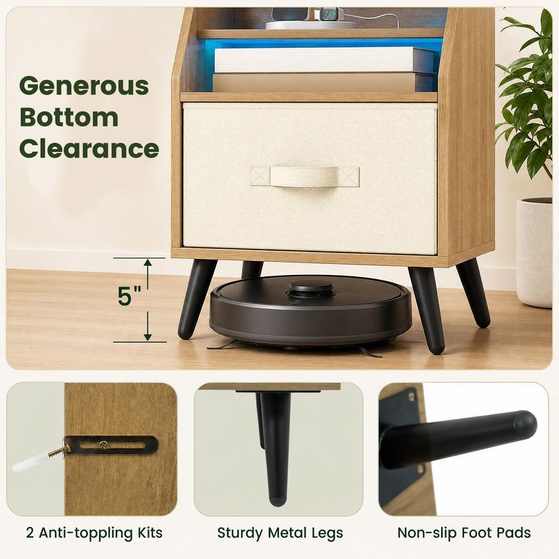 GIANTEX Modern LED Nightstand w/Charging Station & Fabric Drawer