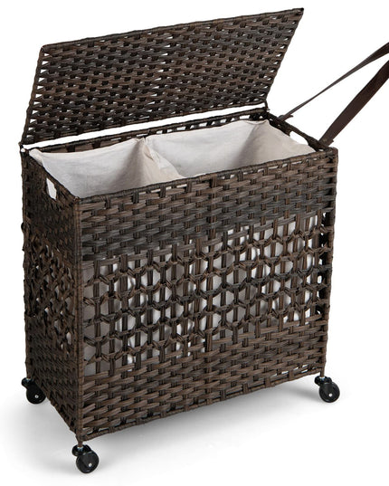 Panier à Linge Giantex avec Roues et Couvercle, Panier à Linge en Osier de 125L (33 Gal), 2 Sacs Intérieurs Amovibles