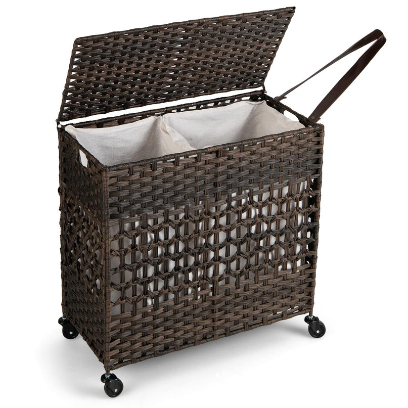 Giantex Laundry Hamper with Wheels and Lid, 33 Gal (125L) Wicker Laundry Basket, 2 Removable Liner Bags